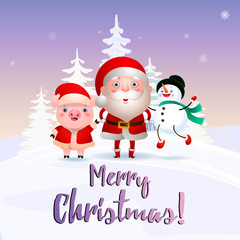 Merry Christmas poster design with snowman, pig and Santa Claus. Handwritten lettering with cartoon characters having party.Can be used for postcards, banners, greetings