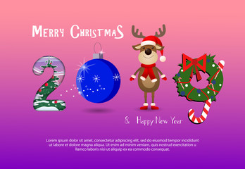 Two thousand and nineteen pink and purple gradient banner design. Creative numbers in form of Christmas tree decoration, deer and Christmas wreath. Can be used for postcard, leaflets, greetings