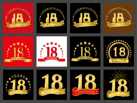 Set of number eighteen (18 years) celebration design. Anniversary golden number template elements for your birthday party..