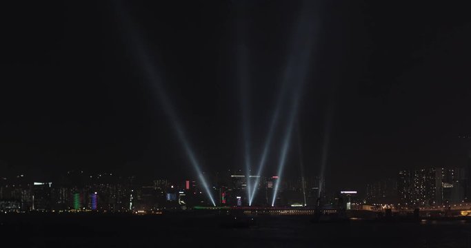 Reflectors Searchlights Show at Night in Hong Kong
