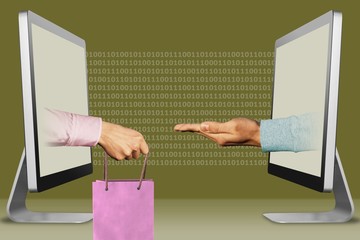 online concept, two hands from computers. hand with shopping bag and pleading gesture. 3d illustration
