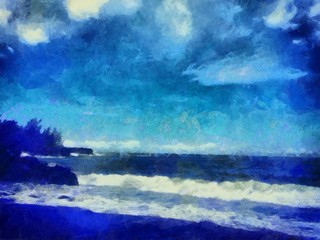 Hand drawing watercolor art on canvas. Artistic big print. Original modern painting. Acrylic dry brush background. Beautiful sea beach travel landscape. Wonderful tropical view. Resort paradise.