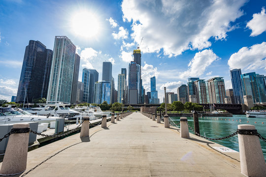 Chicago city view from a pier in front of Michigan lake.