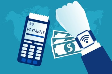 Smartwatch on hand, cash currency and POS terminal
