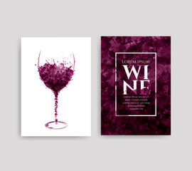 Illustration of glass with red wine stains. Background spots of wine drops. Templates for wine lists, flyer, promotions, invitations.