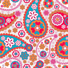 
Seamless texture, Embroidery colorful simplified, tribal style ethnic elements paisley . Vector  traditional  ornament