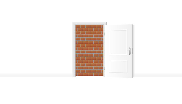 Opened white door, but obstructed by an impenetrable brick wall. Symbol for being trapped, jailed and banished, and for blockade, barricade, barrier, captivity or obstruction. Vector illustration.
