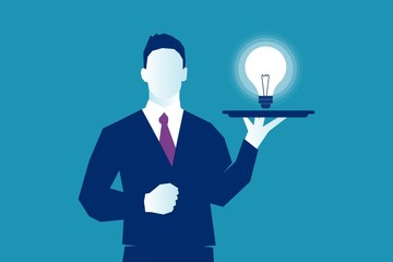 Business man holding platter with shining light bulb.