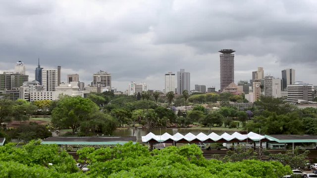 The Nairobi Central Business District (CBD) skyline taken from Uhuru Park viewpoint on a cloudy evening at sunset