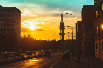 Prague city, tower in sunset