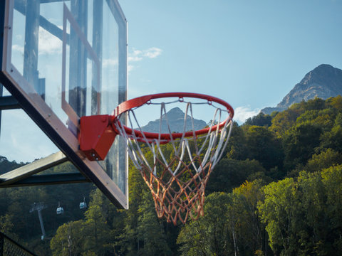 Basketball hoop and mountain Krasnaya Polyana Sochi 09/29/2018