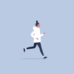 Fototapeta na wymiar Caucasian young running woman wearing leggins and hoodie. Lifestyle. Flat editable vector illustration, clip art