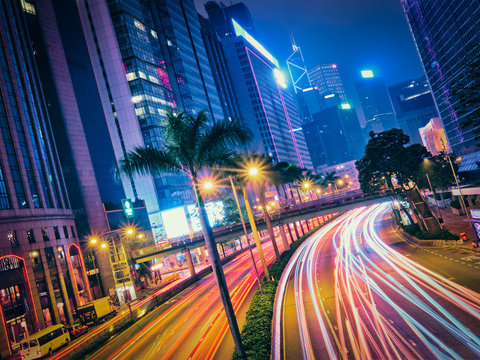 Street Traffic In Hong Kong At Night