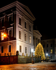 Christmas tree in front of the State Chancellery in Schwerin at night. Mecklenburg-Vorpommern, Germany