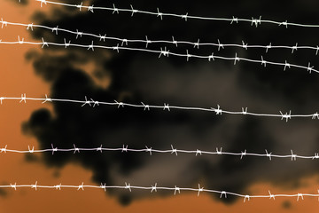 Barbed wire on country border. Barbwire on fence for prohibition of illegal aliens crossing. Color...