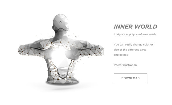 Human torso low poly wireframe art on light backgraund. oncept of healing the soul or the hospital. Polygonal illustration with connected dots and polygon lines. 3D vector wireframe mesh