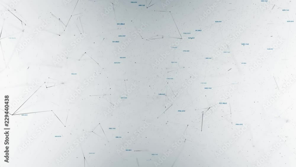 Poster artistic cyberspace with random numbers, lines and dots motion on white background.