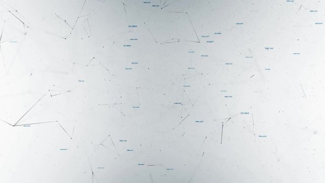 Artistic cyberspace with random numbers, lines and dots motion on white background.
