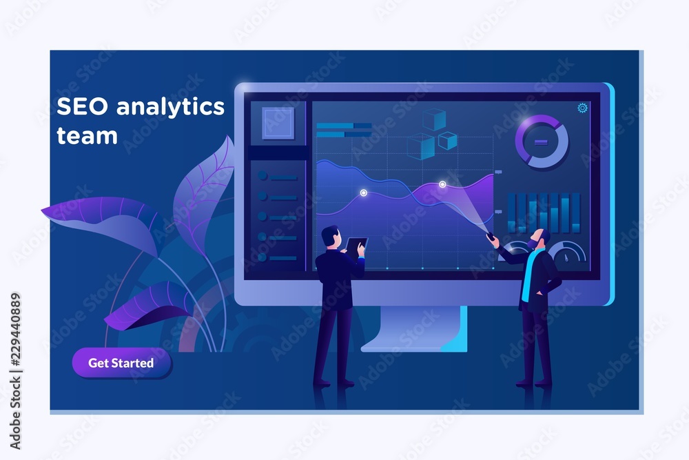 Aufkleber seo analytics team landing page. modern flat design concept of web page design.internet data concept