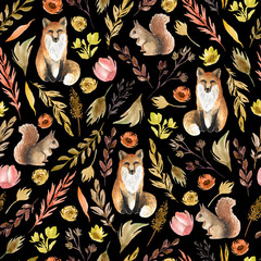 Autumn seamless pattern. Fox, squirrel, leaves, flowers, branches