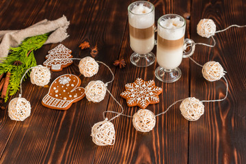 Christmas homemade gingerbread cookies on wooden table