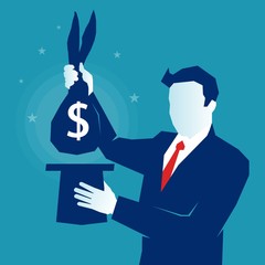 Obraz premium Business man hand pulls out of ahat money bag with bunny rabbit ears