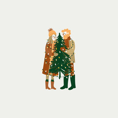 Happy couple hugging. Christmas tree with garland. Greeting card. Vector illustration