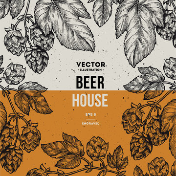 Beer hop frame. Engraved style illustration. Vintage beer design template. Vector illustration 