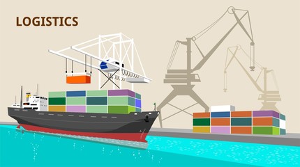 logistics port, ship, freight, warehouse, terminal, loading, unloading, truck, container ocean, sea, delivery truck lorry seaport truck transport logistics trucking car trailer cargo transportation