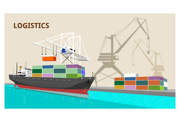 logistics port, ship, freight, warehouse, terminal, loading, unloading, truck, container ocean, sea, delivery truck lorry seaport truck transport logistics trucking car trailer cargo transportation