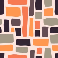 Rectangle shapes hand drawn abstract seamless vector pattern. Purple, orange, gray blocks on light pink background. Fall autumn color background. For fabric, web banner, page fills, paper, wallpaper © StockArtRoom