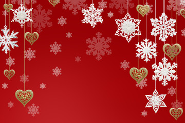 Christmas and New Year decorations: snowflakes and golden hearts on red background.