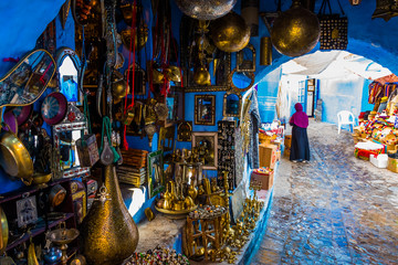 Gift shop in blue medina of the Chefchaouen, Marocco in Africa