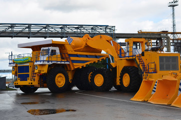 Fototapeta premium An excavator with a bucket produces an imitation of loading sand into a large mining truck. Big Truck Show. View of the parking lot of an exhibition of large career heavy dump trucks at the automobile