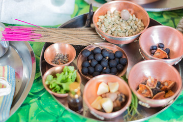 Various ingredients to offer during the fire ceremony