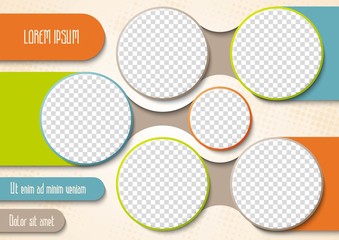 Template for photo collage or infographic in modern style. Frames for clipping masks is in the vector file. Template for a photo album with circle shapes frames