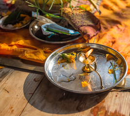 Plate with lit diya after the puja at Shri Ganesh.