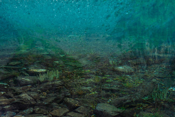 Boulders and plants on bottom of mountain lake with clean water close-up. Mountains reflected on smooth water surface. Background with underwater vegetation.