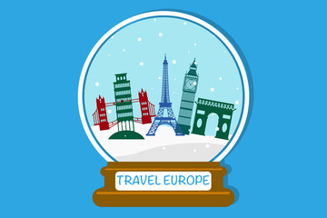 Snowball with European attractions in vector