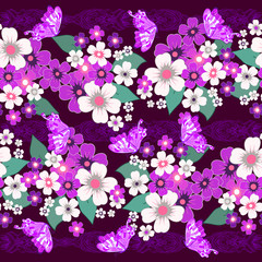 Embroidery colorful simplified  pattern of  flowers and leaves.  Vector    elements   for design. seamless  ornament. lace strip 