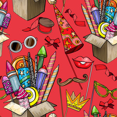 Seamless pattern with Colorful large Firework in cardboard box and party accessories