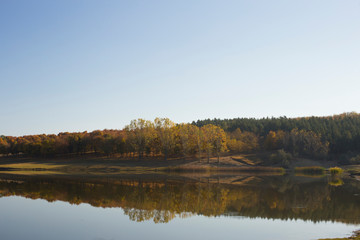 Autumn, landscape at dawn. Mirror lake with a reflection of nature. Morning silence.