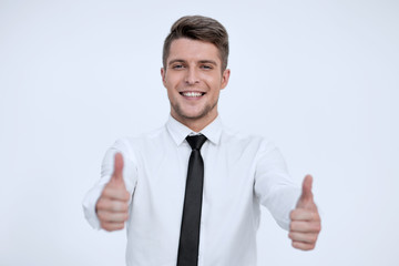 Happy businessman showing thumbs up