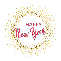 Golden splash or glittering spangles round frame. Happy New Year 2019 - gold disc lights frame. Golden glittering  circle  made of dots on white background. Vector illustration.