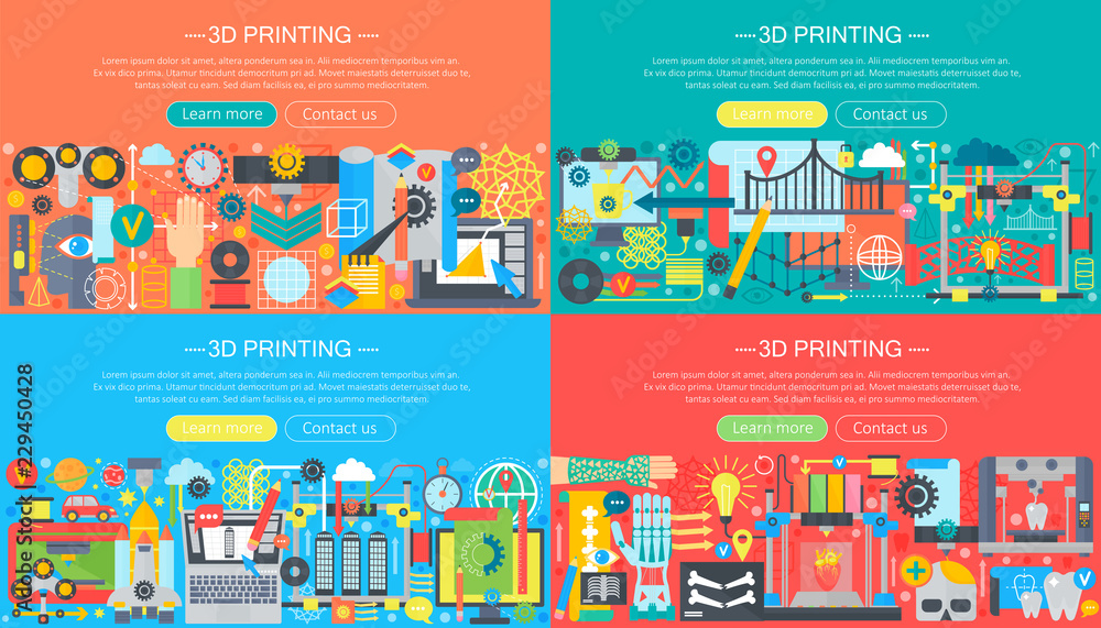 Aufkleber Volumetric 3d printing and modeling concepts collection. 3d compositing construction template design, web header vector illustration.