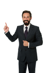 Pointing at business advertisement. Man pointing index finger advertisement isolated on white. Man bearded mature formal suit. Businessman or manager shows direction. Look at that advertisement