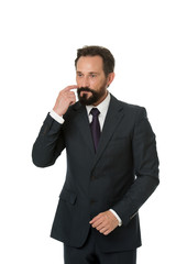 Fototapeta premium Businessman formal suit mature man isolated white. Businessman bearded thoughtful entrepreneur. Thoughtful businessman concept. Businessman thoughtful face make decision. Hard business decision