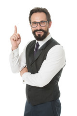 Check out financial advisor. Business advisor manager show direction. Look at that statistics financial data. Pointing at business advertisement. Man advisor pointing advertisement isolated on white