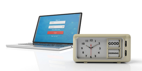 Good morning message on retro alarm clock and laptop, white background. 3d illustration.