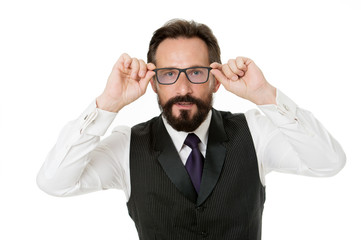 Man bearded wear eyeglasses isolated white. Businessman teacher adjust eyeglasses. Take look concept. Business analysis and analytical skills. Eyeglasses optics and vision check. Take look carefully